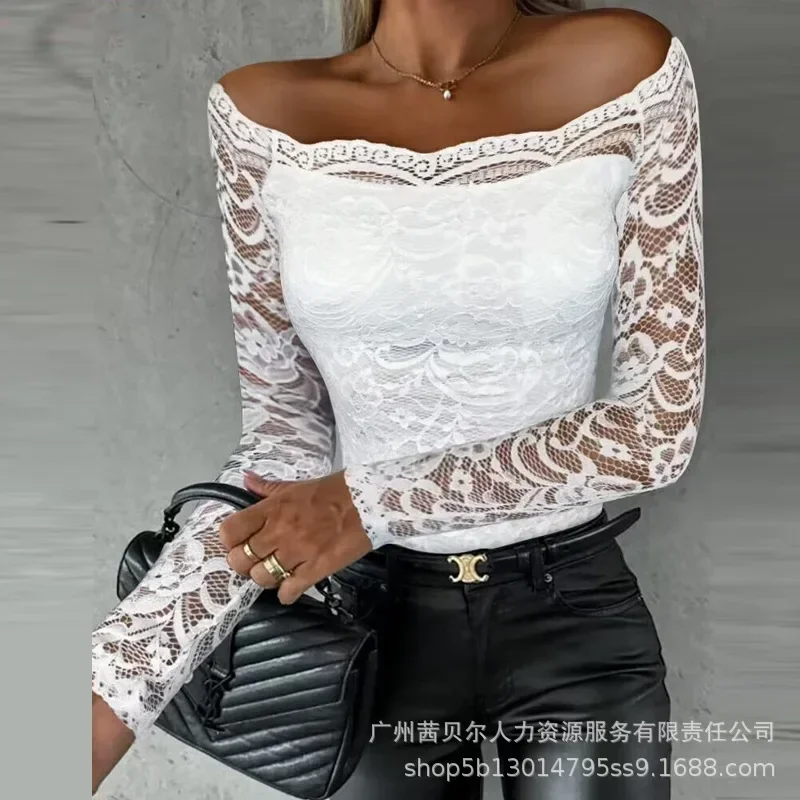 

Women Off Shoulder Lace Floral Slash Neck Solid Tops Splice Casual Sheath Regular Slim Fit Tees Full Sleeve T Shirts Autumn 2023