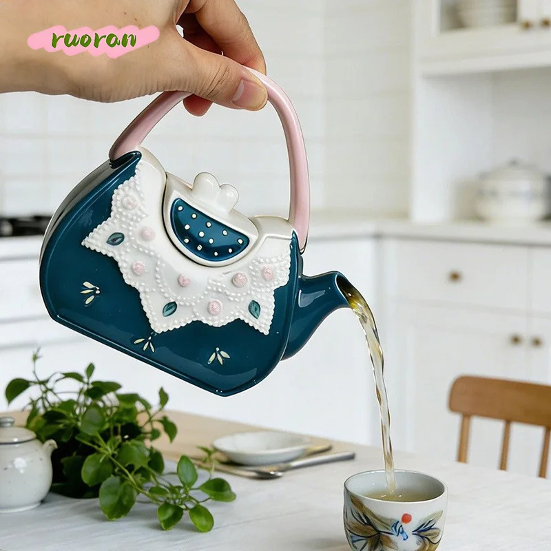 Vintage European Ceramic Handbag Teapot with Lace Floral Design Heatproof Cold Water Jug