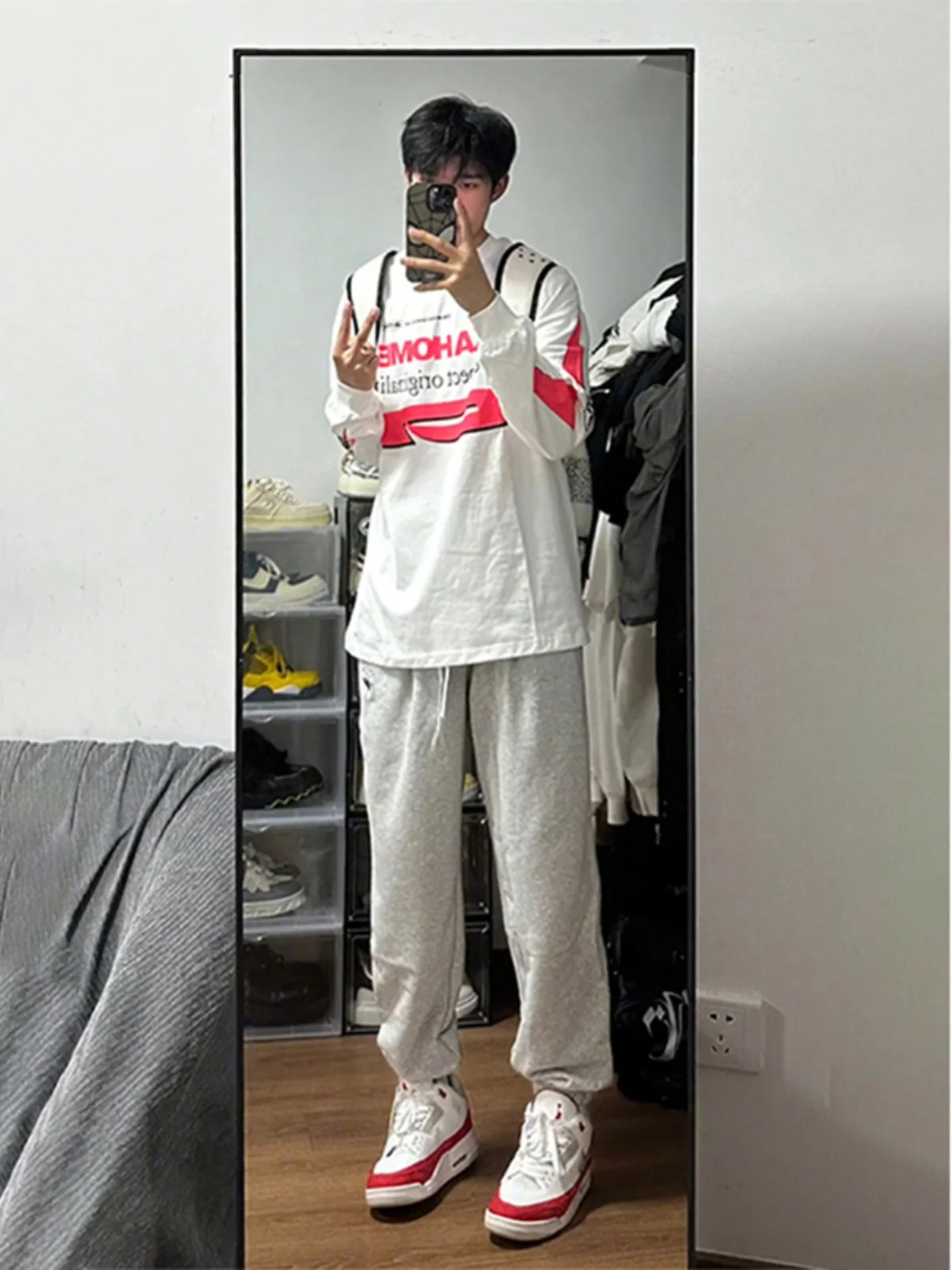 Retro American Floral Grey Sports Men's Casual Pants Autumn Basketball Game Trousers Trendy Sports Student Nine Points Pants