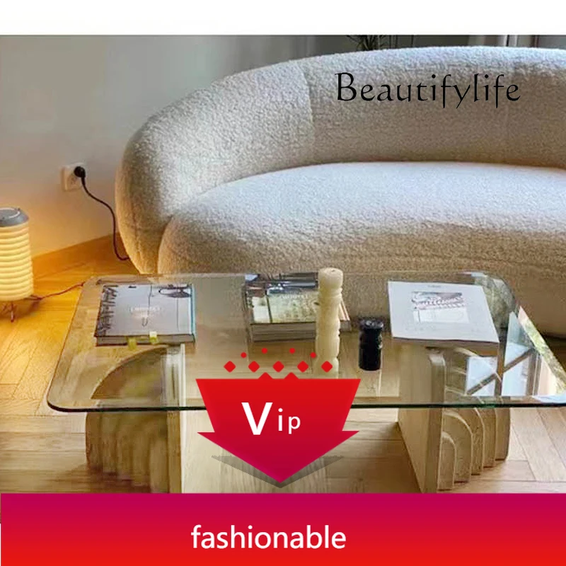 

PJ Nordic natural travertine coffee table creative designer hotel living room tempered glass light luxury modern tea table