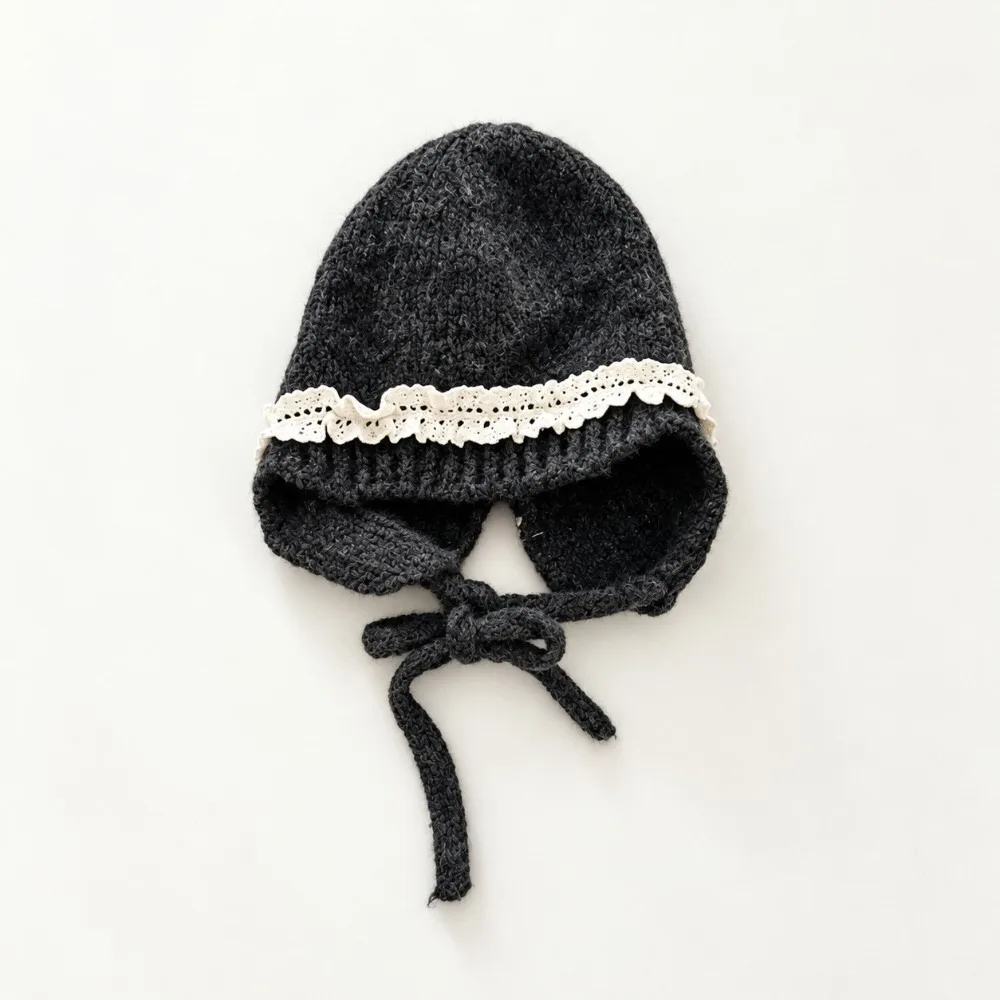 New Lace Trim Kids Knit Hat Earflap Soft Knit Fabric Earflap Bonnet Windproof Tie Closure Lace Trim Hat Daily Wear