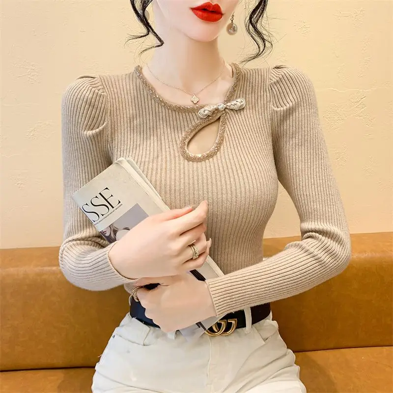 Hollow Nail Drill Top Women's Autumn Fashionable Bubble Puff Sleeve Knitted Slim Waist-tight Long-sleeved Sweater