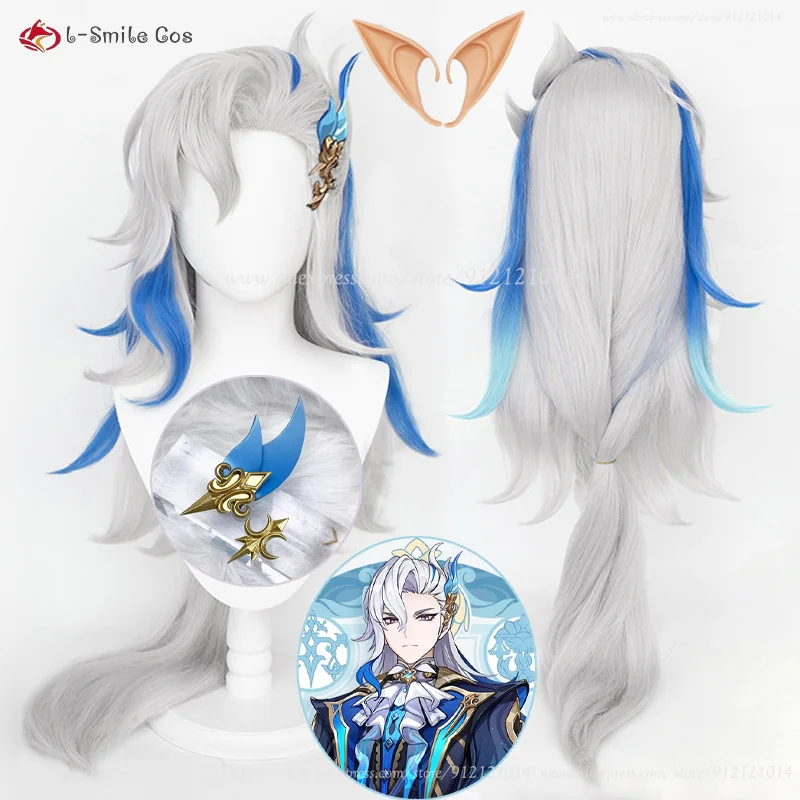 Fontaine Neufalse lette-Perruque Cosplay Anime, Cheveux Synthétiques, Bonnet, Long, Argent, Gris, Bleu, Degré de Chaleur, 95cm