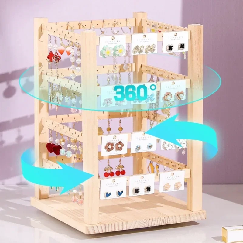 Solid Wood Rotating Earring Display Stand Large Jewelry Organizer Rack for Women Counter Showcase 원목 귀걸이 진열대