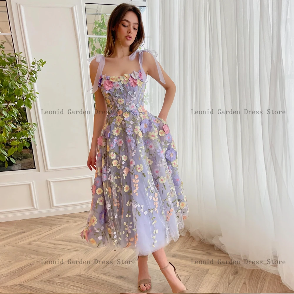 

Lavender Flowers Tulle Prom Dresses Spaghetti Strap Party Gowns Sleeveless Evening Dress Tea Length A-Line 2023 فساتين السهرة