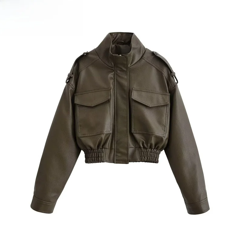 

Faionable Pure Color Long Sve Спецодежда Кожаная куртка для женщин Осень 2025 Sle Универсальное цветное пальто на молнии