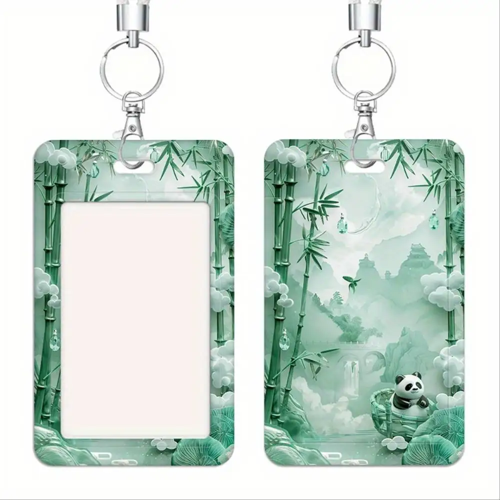 Bamboo Haven ID Card Holder Plastic Protector Panda Bamboo Mountain Design Secure Holds 2 Cards For Doctor Nurse Student Staff