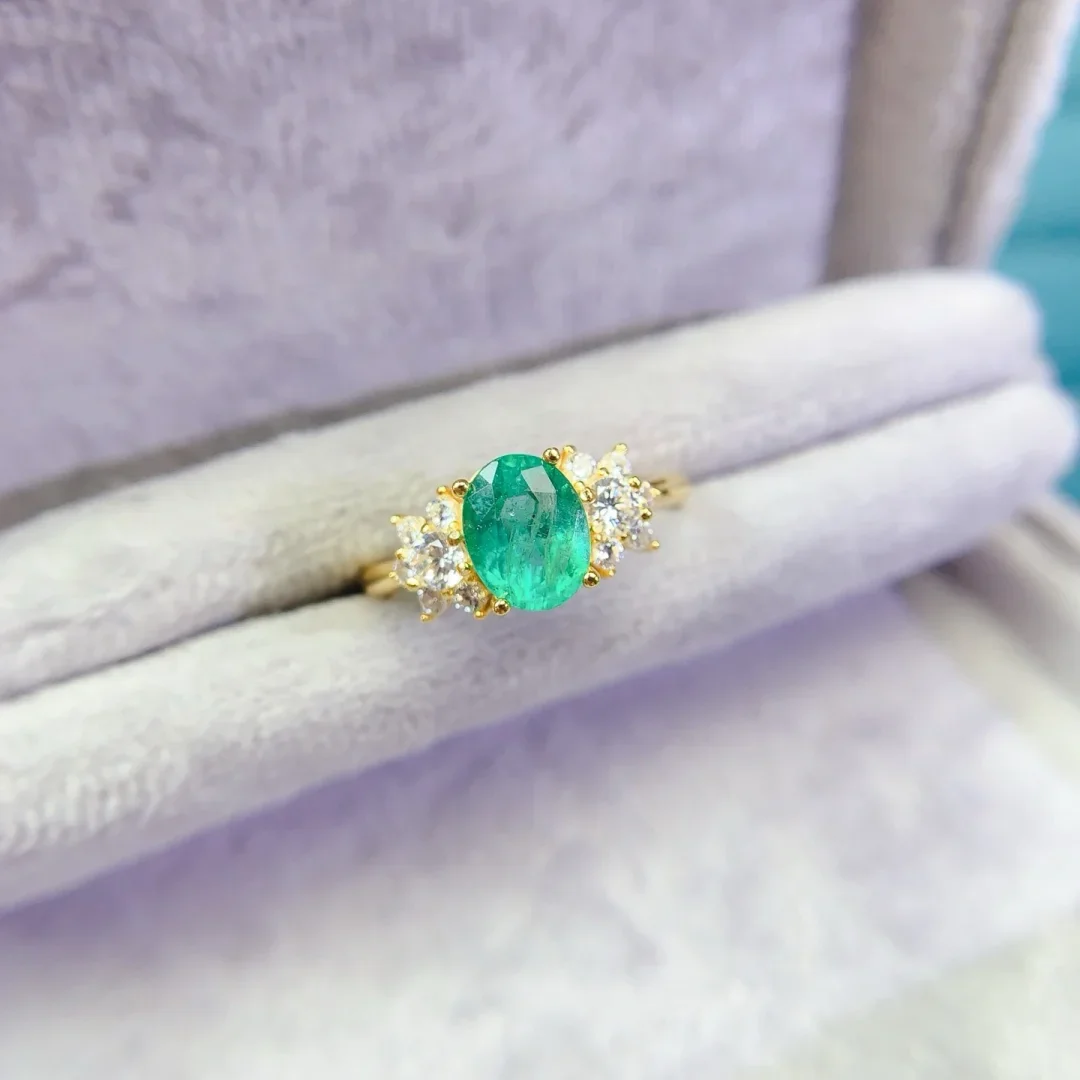 Splendid Natural Emerald Ring S925 Pure Silver Fashion Jewelry Clear and Transparent Gem High End Anniversary Female Presents