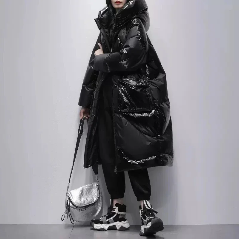 Frauen 2025, Winter Neue Glänzend Weiße Ente Unten Mäntel Weibliche Mode Mit Kapuze Jacken Damen Casual Lose Warme Parkas Langen Mantel