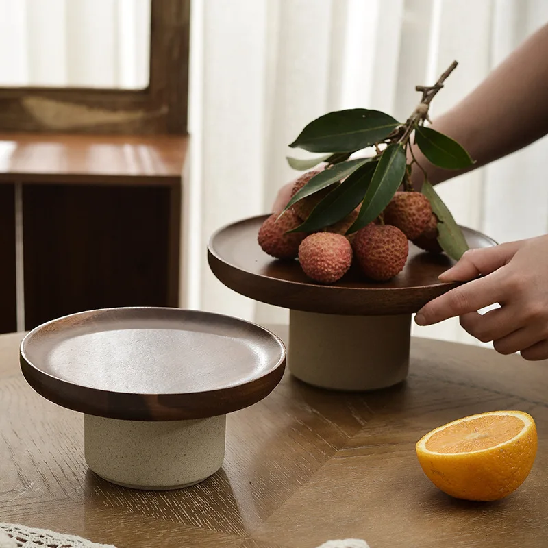 

Vintage Japanese Acacia Wood Cake Tray Home Dessert Display Stand Ceramic High Fruit Plate