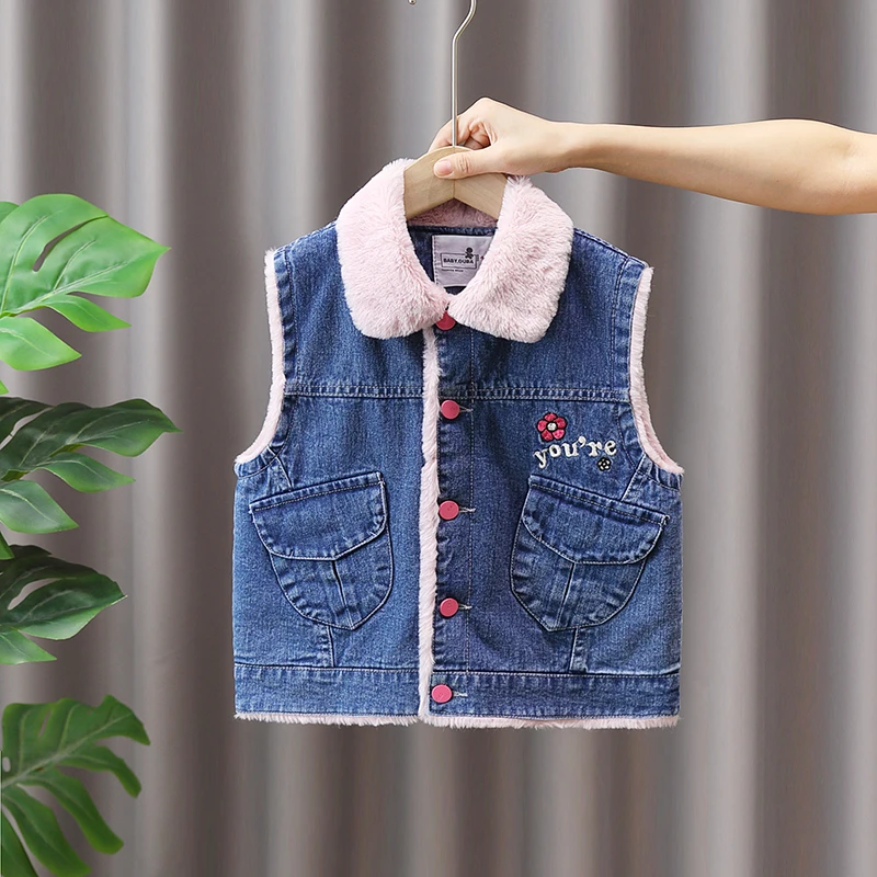 

Бархатный джинсовый жилет для маленьких девочек, осень-зима 2022, новый детский утепленный жилет, модная свободная теплая верхняя одежда с бантом