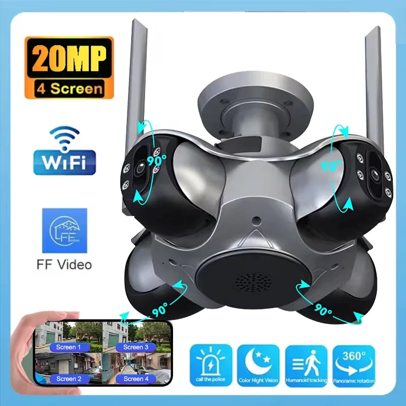20MP HD Four Screens WiFi IP Camera Wireless Outdoor PTZ Four Lens Human Auto Tracking Night Vision Surveillance CCTV Camera