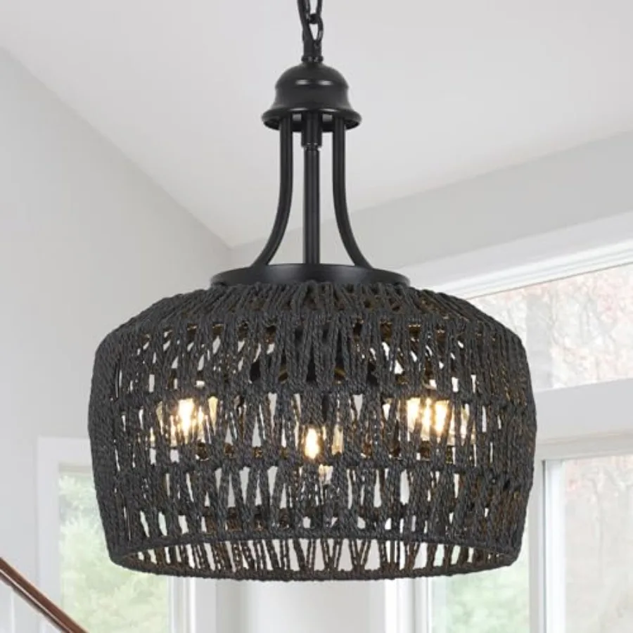 

Rattan Chandelier for Dining Room, 3-Light Boho Light Fixture with Woven Lampshade, Wicker Pendant Light Ceiling Hanging, Farmh