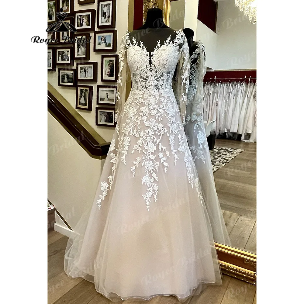 Vintage Long Sleeve Lace Blush Pink A Line Wedding Dress for Women 2025 Robe Mariee Bridal Gowns Customized abito da sposa