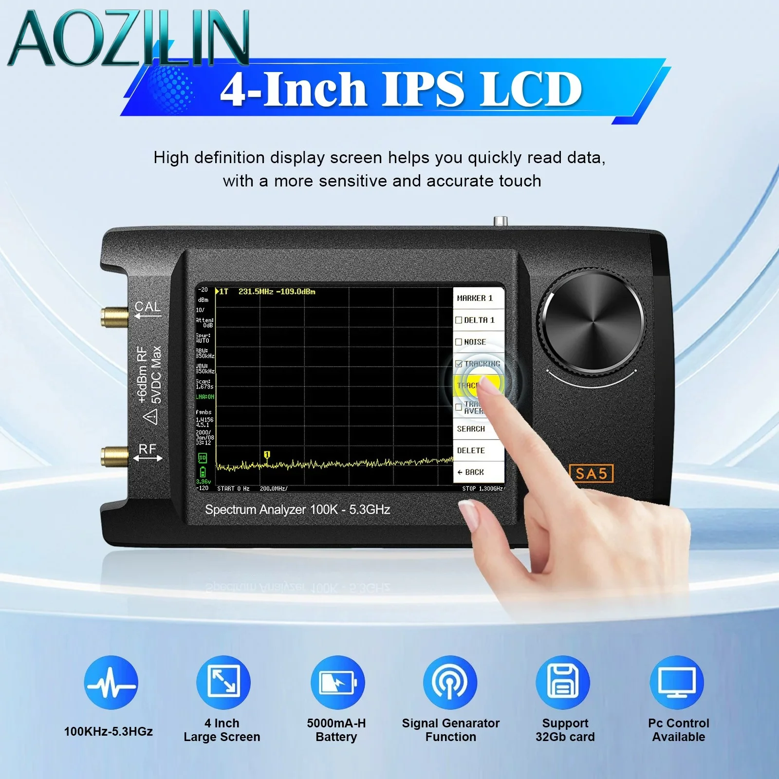 AOZILIN SA5 Multifunctional Handheld Spectrum Analyzer 4-inch IPS LCD 100k-5.3GHz Signal Generator