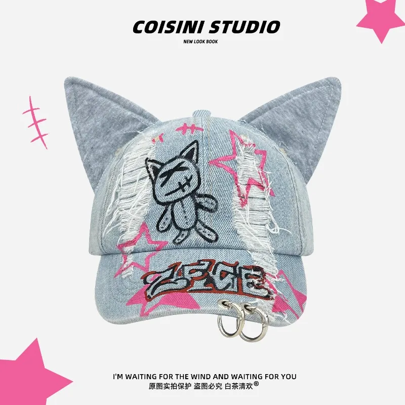

Niche Dark Style Ripped Cat Ear Y2K Baseball Caps for Men and Women Spring and Summer Personalized Graffiti Street Hip-hop Hat