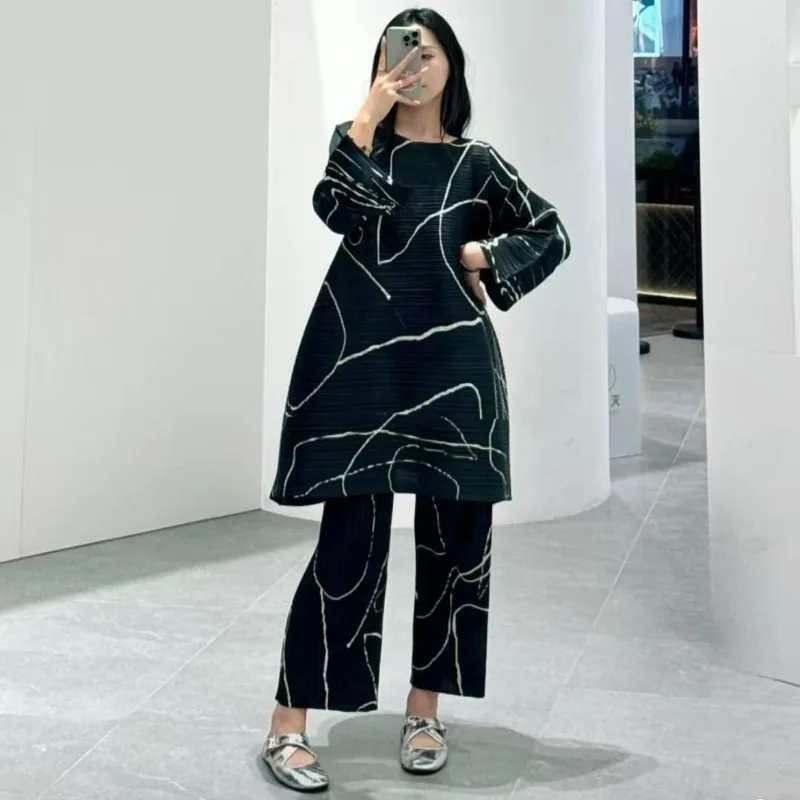 Miyake Pleated Women's Tops Long Spring Dresses Fall Limited Simple Loose Straight Pants Set Fashion Commuter Wear Woman Clothes