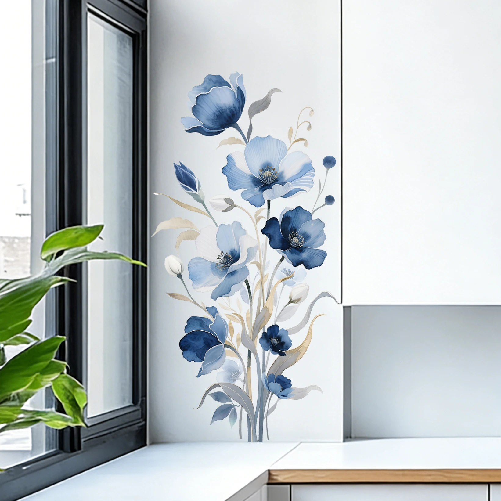 Fresh Blue Watercolor Relief Flower Wall Decoration for Living Room Background, Perfect for Bedrooms and Home Beautification.