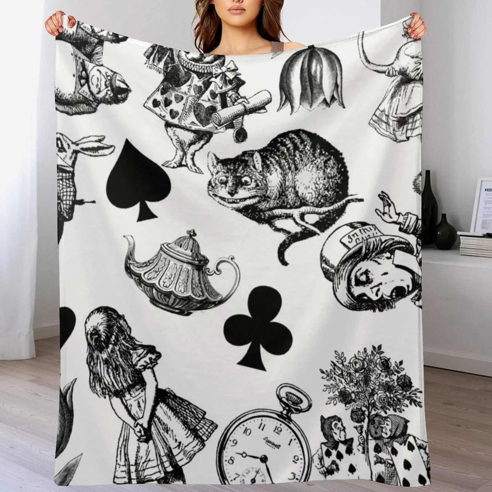 Alice's Adventures in Wonderland White Rabbit Mad Hatter Throw Blanket Cozy Home Blanket Gift for Christmas Holiday