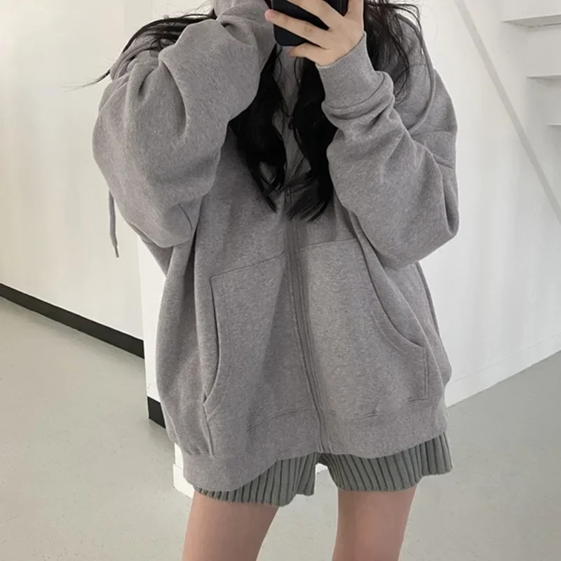 

Women Retro Hoodies Sweatshirts Tracksuit Loose Zipper Long Sleeve Tops Leisure Sporty Ladies Pockets Hooded Pullover Sweatshirt