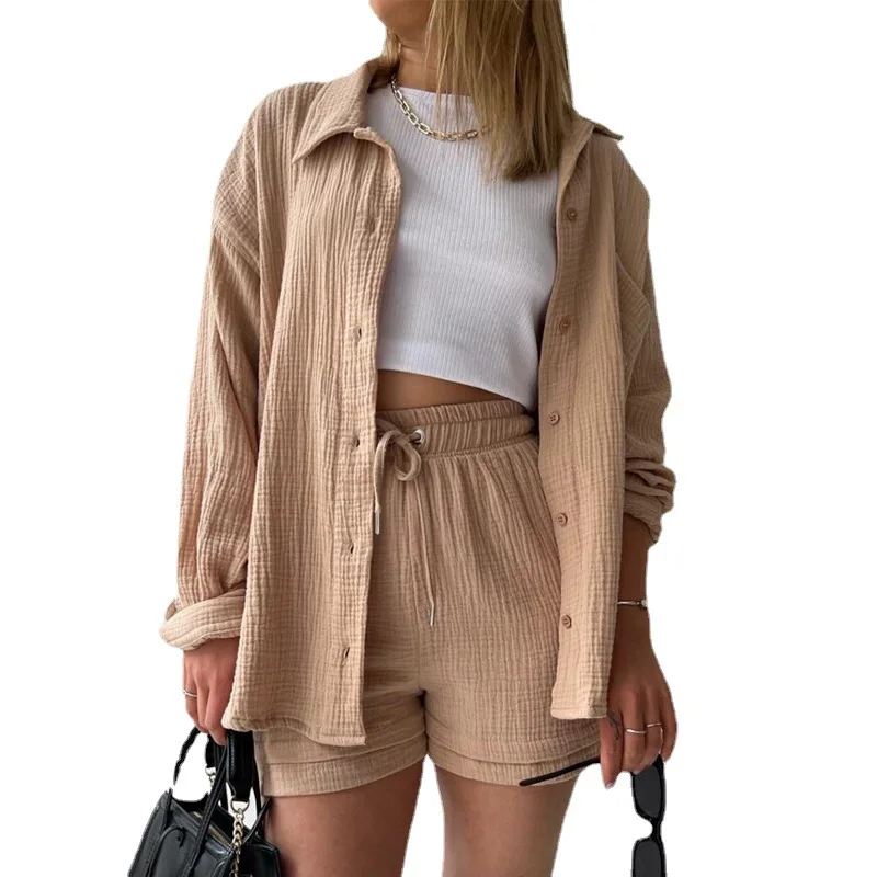 Ladies Casual Suit New Summer Pleated Lapel Fashion Button Long Sleeve Shirt High Waist Drawstring Shorts Two Piece Set