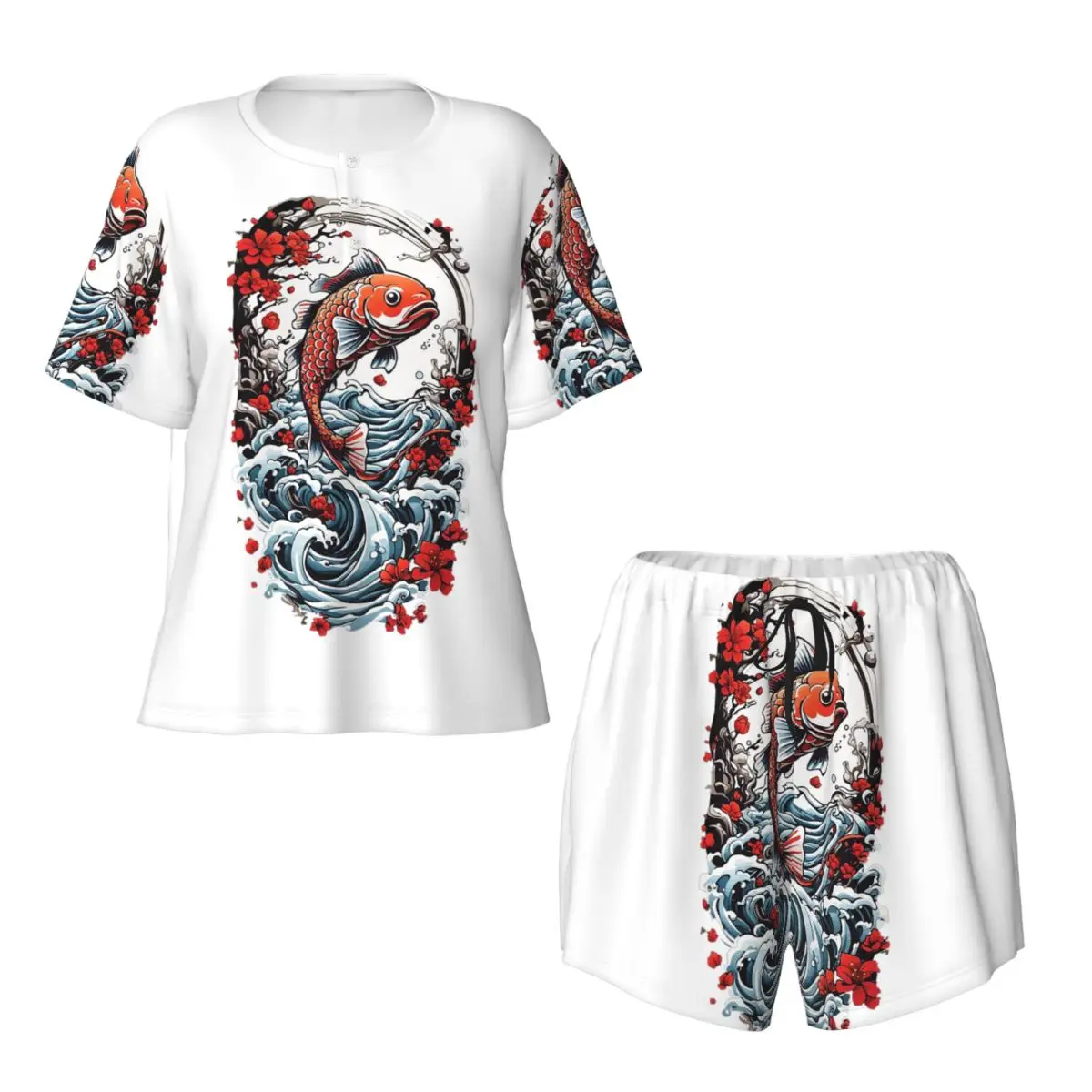 

Japanese Koi Fishing Streetwear Style Round Neck Short Sleeves Nightdress for Sleepshirts Women Soft Pajama Set Short Pants