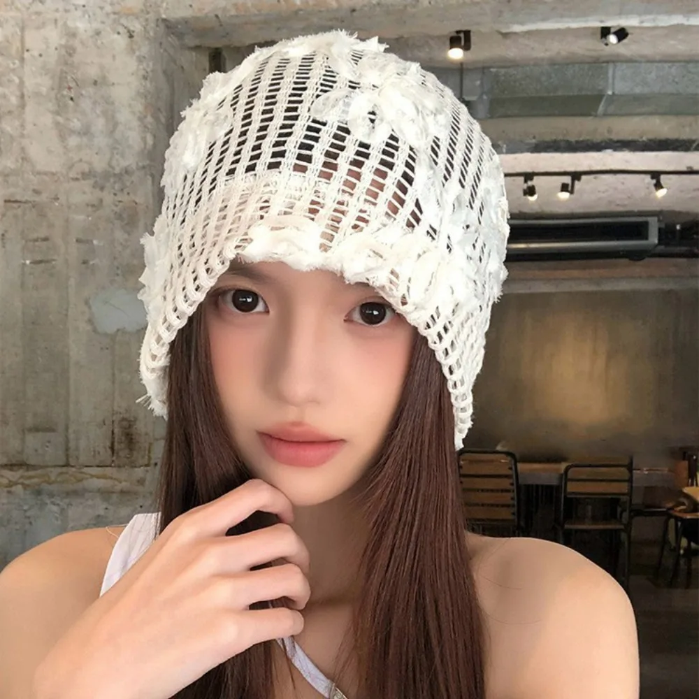 

Fashion Handmade Crochet Flower Hat Hollow Out Thin Flower Knitted Hat Korean Cute Weave Cap Spring and Summer