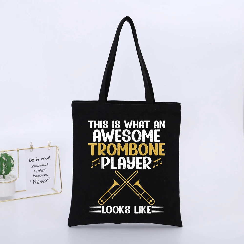 Trombone Player's Black Canvas Tote Bag with Musical Instrument and Typography Casual Style for Daily Use and Music Events