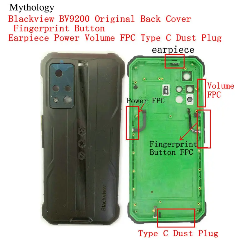 For Blackview BV9200 Back Cover Type C Dust Plug Original Fingerprint Button Earpiece Power Volume FPC Rear Housing Case