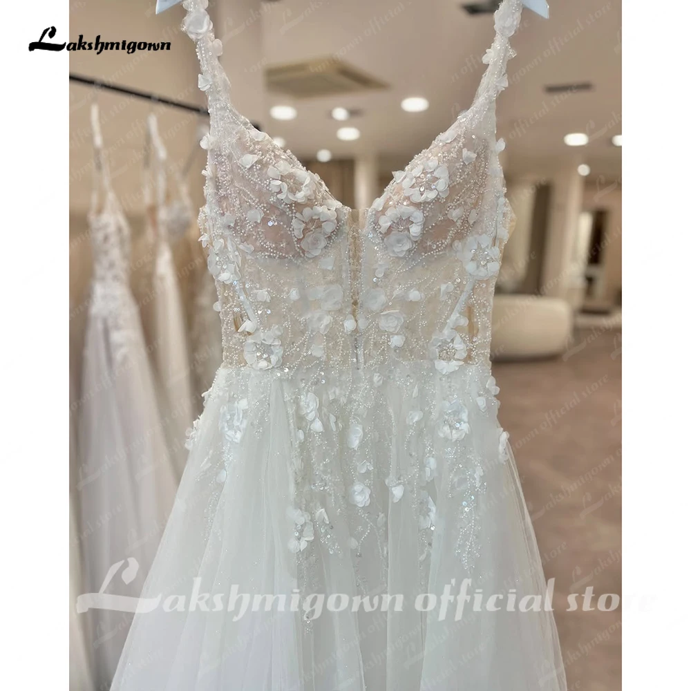 Lakshmigown ilusão 3d floral renda a linha vestidos de casamento 2025 novas alças espaguete sem mangas país vestidos de noiva personalizados