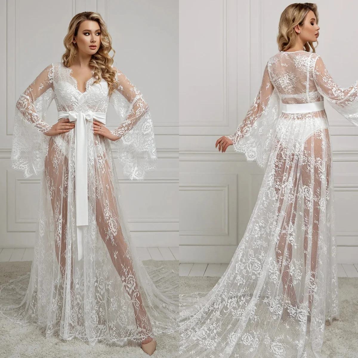 

Sexy Lace Bridal Robe Maxi Wrap Long Sleeve Lingerie Women Fotos Gowns Boudoir Bathrobe Wedding Dress For Babyshower