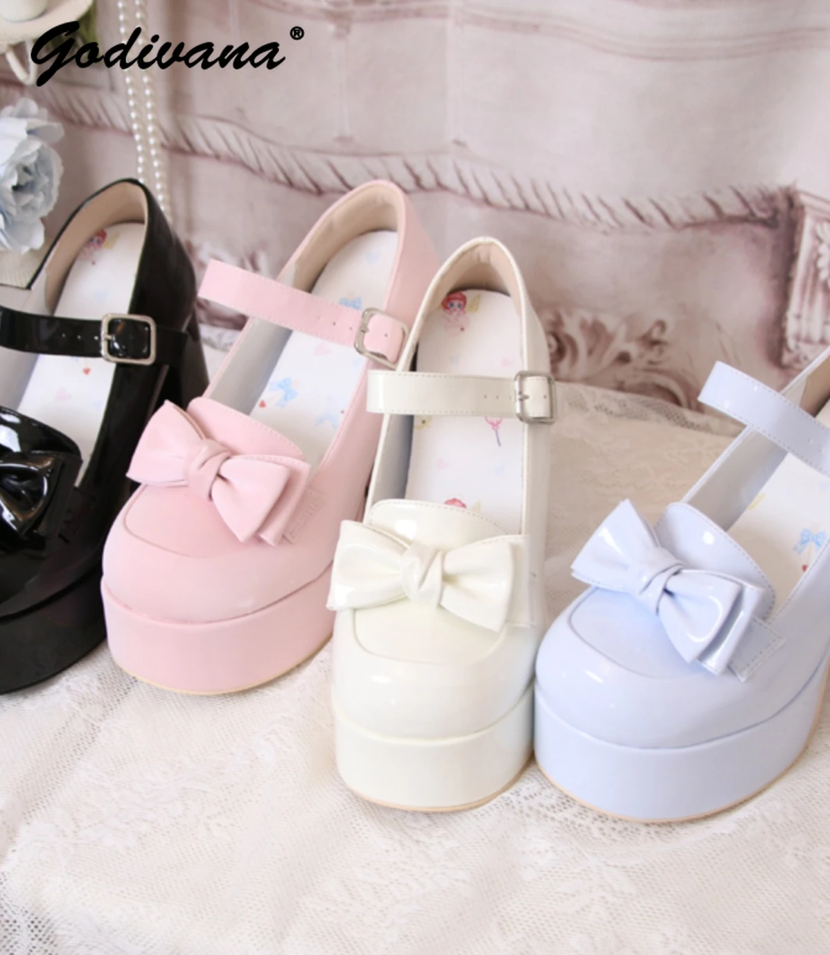 

Lolita Round Toe Bowknot Shallow Mouth Chunky High Heels Lo Student Girl Pumps 2024 Spring Ladies Mary Jane Shoes