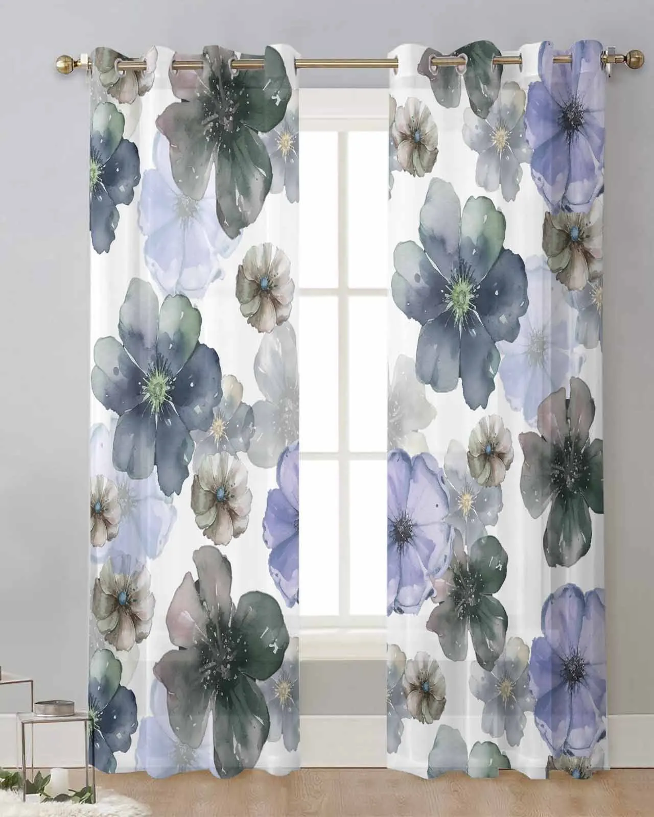 

Plant Lemon Yellow Blue Purple Flower Watercolor Modern Tulle Curtains Voile Drapes Sheer Window Curtains Bedroom Accessories