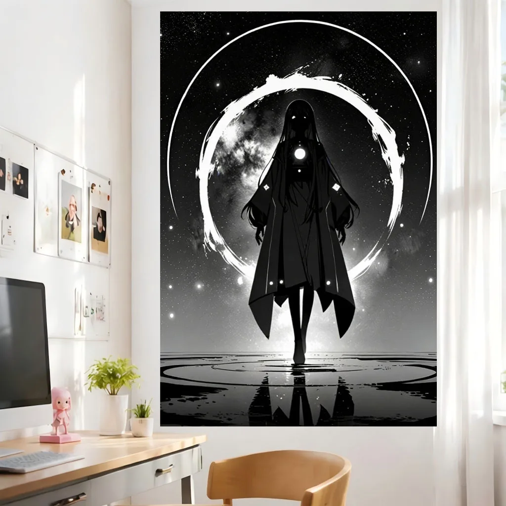 Dark Cosmic Goddess Silhouette Star Galaxy Water Reflection Wall Hanging Art for Dorm Bedroom Mysterious Aesthetic Room Home Dec