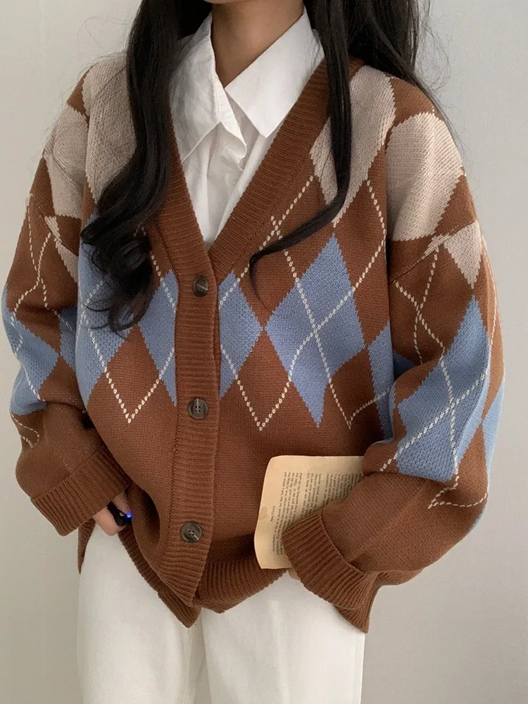 

Chic Early Autumn Lazy Loose Single Button V-Ne Color Blo Diamond Pattern Long Sve Knitted Sweater Women's Outerwear