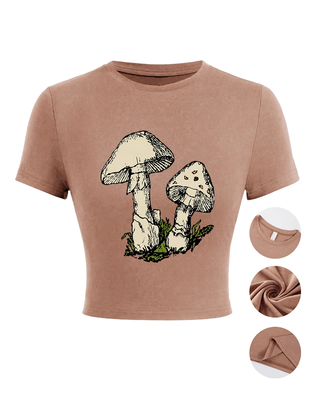 Süße Pilz-Prints Damen-Crop-T-Shirts, Sommer, weich, hochelastisch, Oberteile, O-Ausschnitt, kurze Ärmel, Streetwear, lässig, eng anliegend, schmale Kleidung