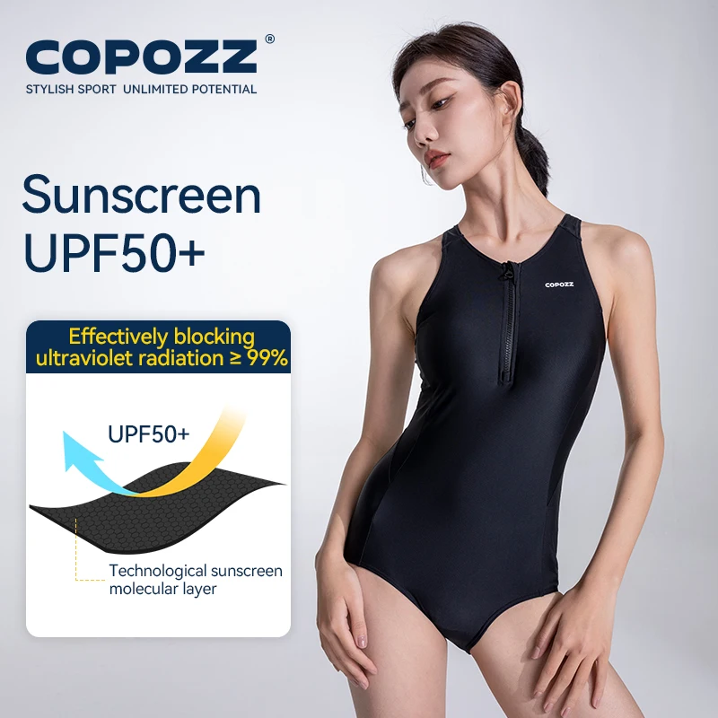 COPOZZ New Woman One-Piece Swimsuit Solid Black Beach Sleeveless V Collar Summer Female Hollow Out Swimming Sport Adult Suits