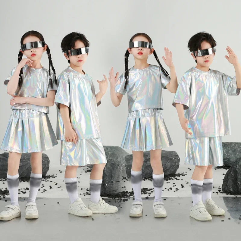 

Futuristic Silver Stage Costume Jazz Performance Children Clothing Hip Hop Tops T-Shirt Kpop Dance Skirt Girls Streetwear