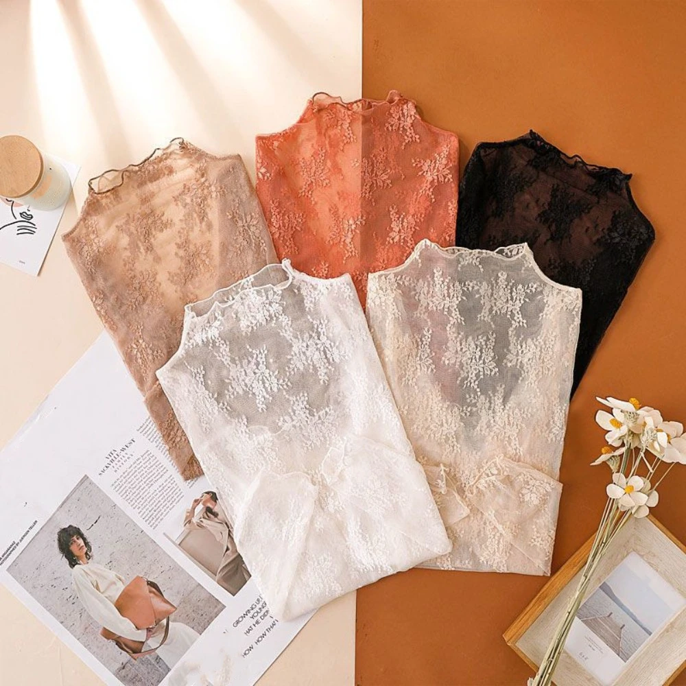 Fashion Mesh Transparent T-shirt Hollow Long Sleeve Lace Bottomed Blouse Thin Sheer Tees See Through Tops Female