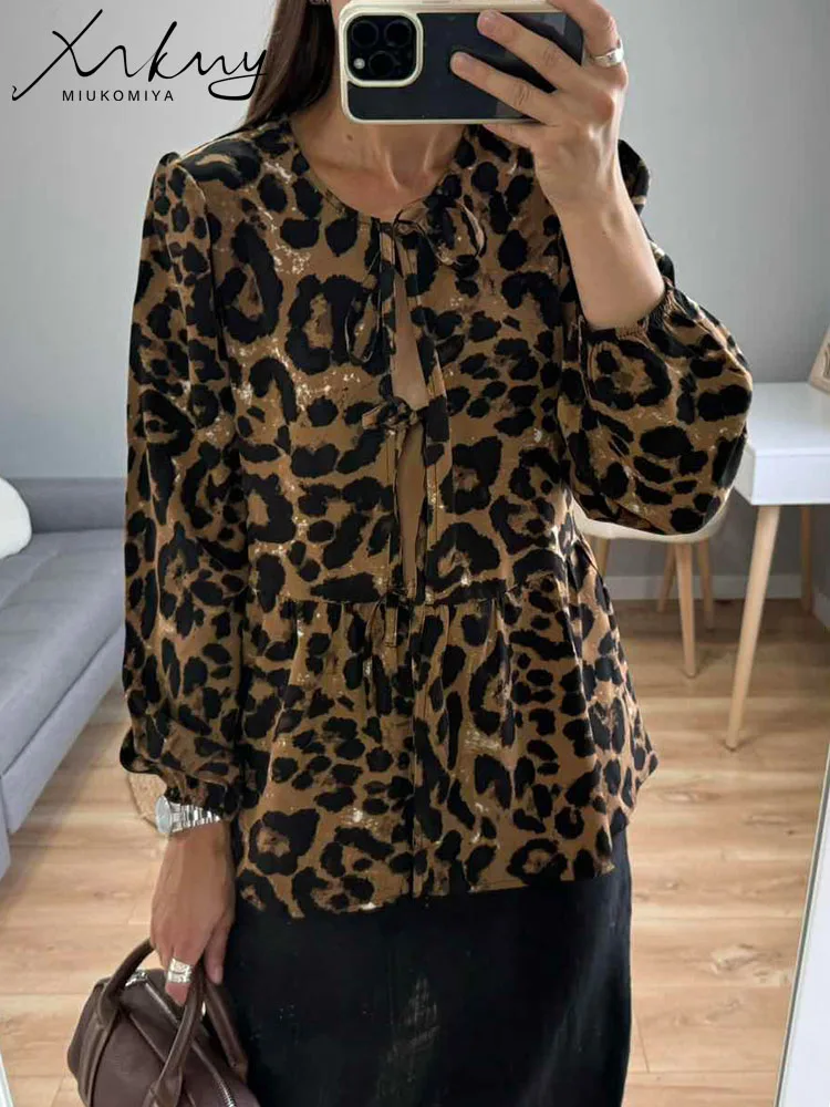 MiuKoMiYa Striped Blue Tie-Up Shirts For Women Long Sleeve Pleated Top Blouse Summer Women 2024 Lace Up Leopard Print Shirt