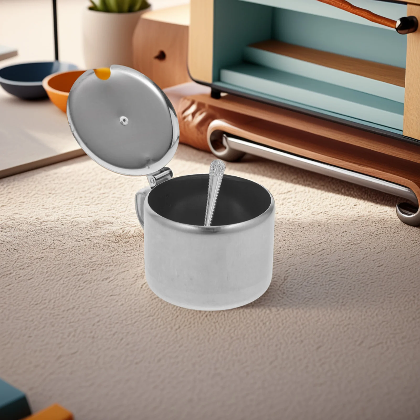 

Stainless Steel Seasoning Container with Lid Spoon Kitchen Sugar Salt Pepper Pot for Home and Restaurant