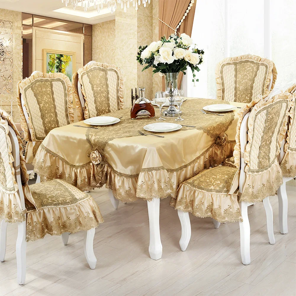 

Beige Luxury Lace Tablecloth Table Runner Premium Deerskin Fleece Bottom Table Cloth Chair Cover for Wedding Hotel Dinner Party