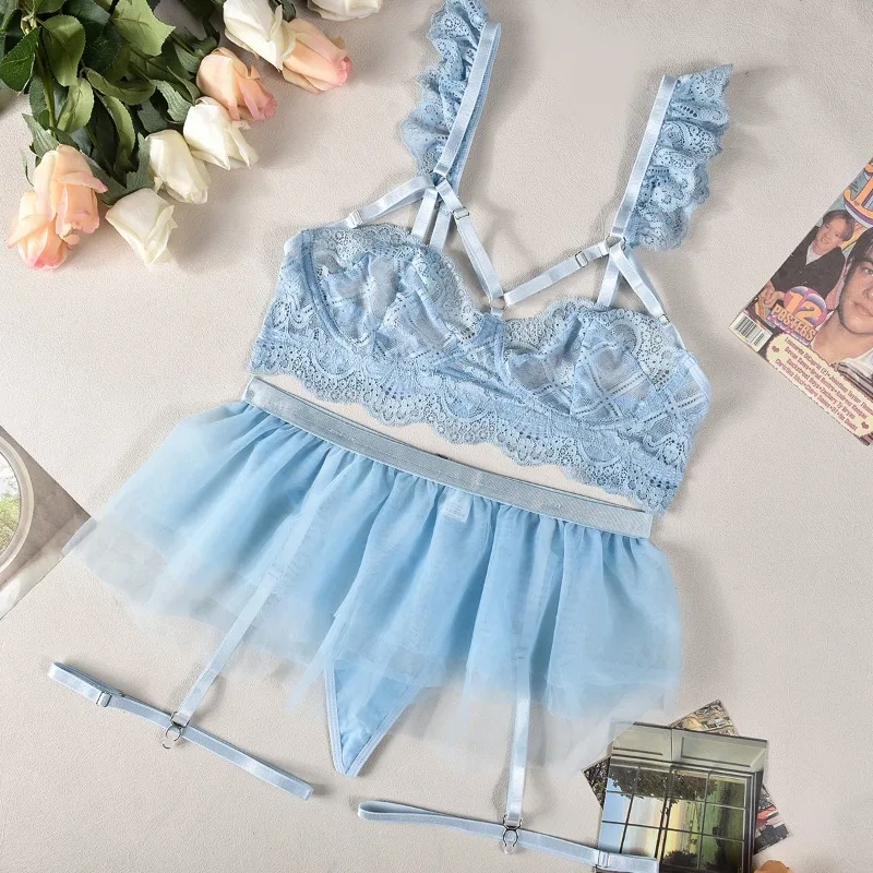 Tornova 4-Piece مجموعة ملابس داخلية مثيرة للنساء مثير مغرية رفع شبكة المرقعة انظر من خلال حمالة صدر مطرزة مثير مجموعة الملابس الداخلية #3