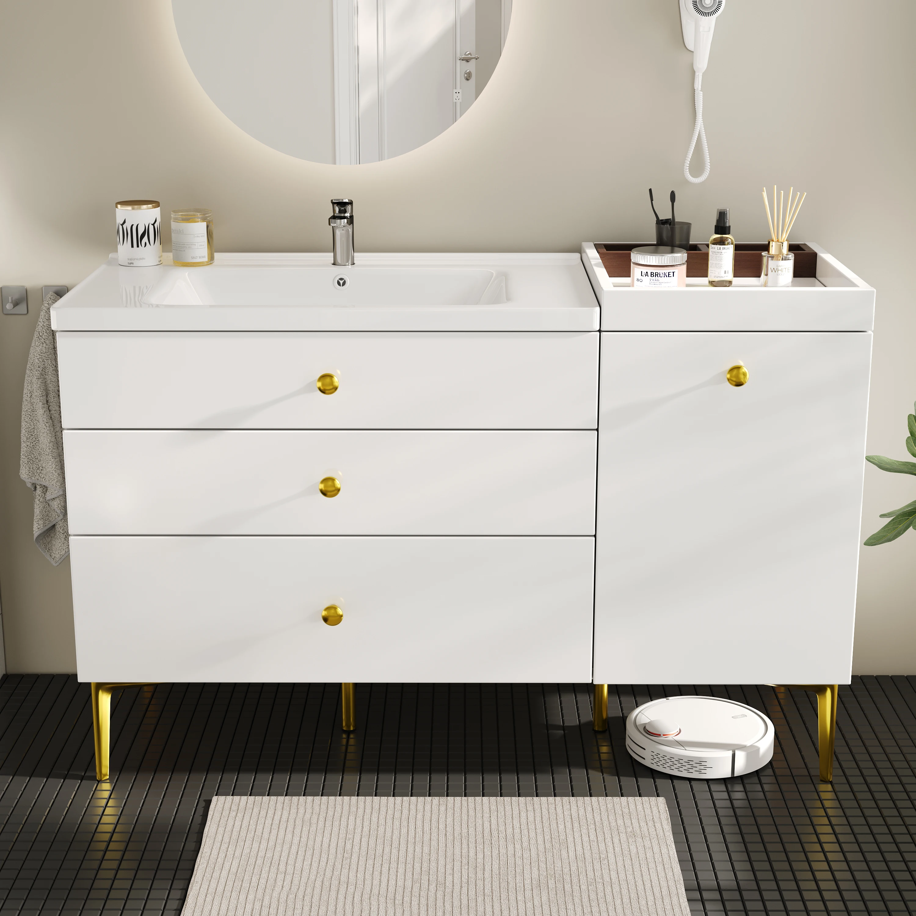 Mueble bajo lavabo: lavabo de cerámica, 5 cajones, puerta, organizador de almacenamiento, MDF Blanco