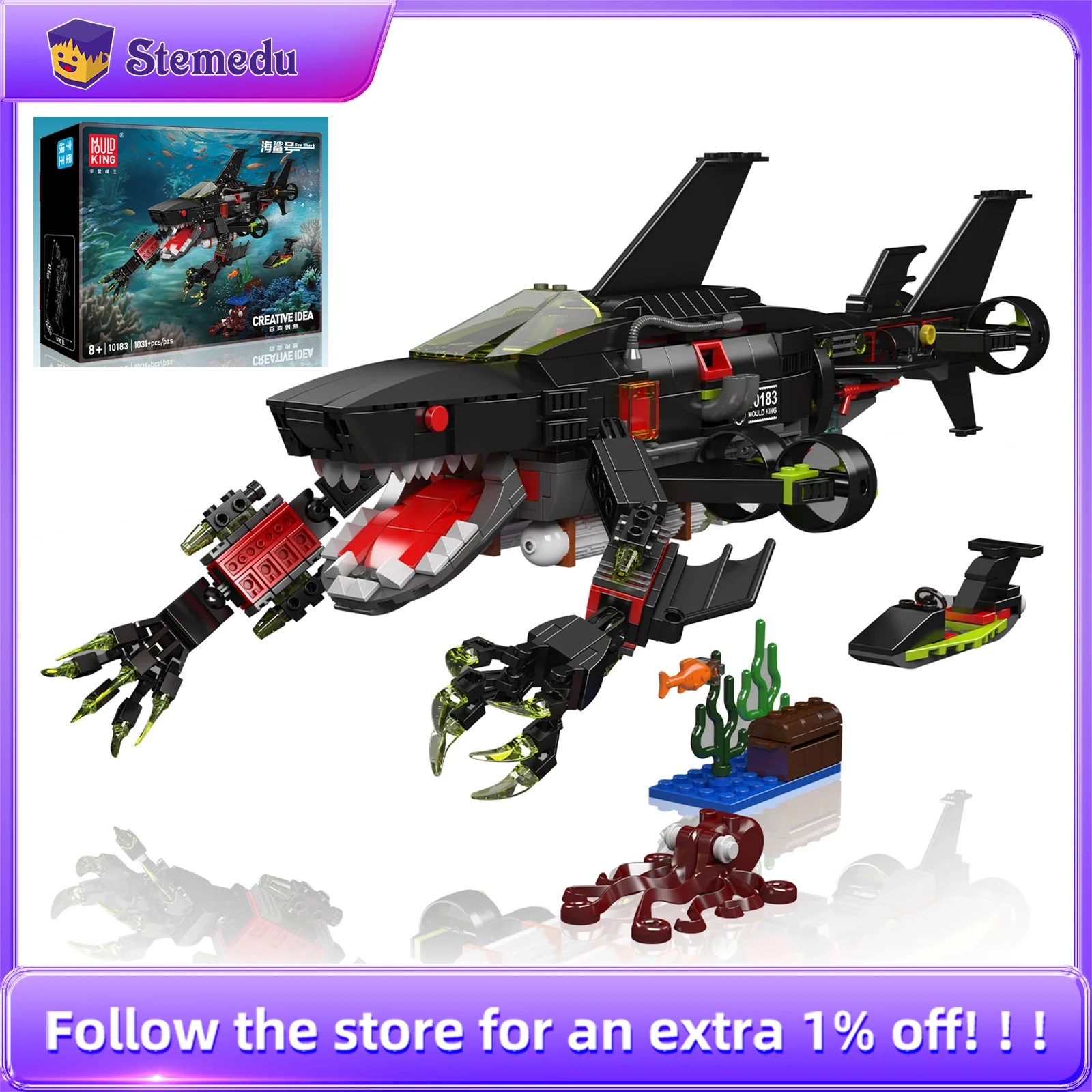قالب King 1031 قطعة 10183 روبوت القرش نموذج مجموعة مكعبات بناء صغيرة-معقم البحار MOC الحيوانات الميكانيكية الجذعية الطوب تجميع اللعب