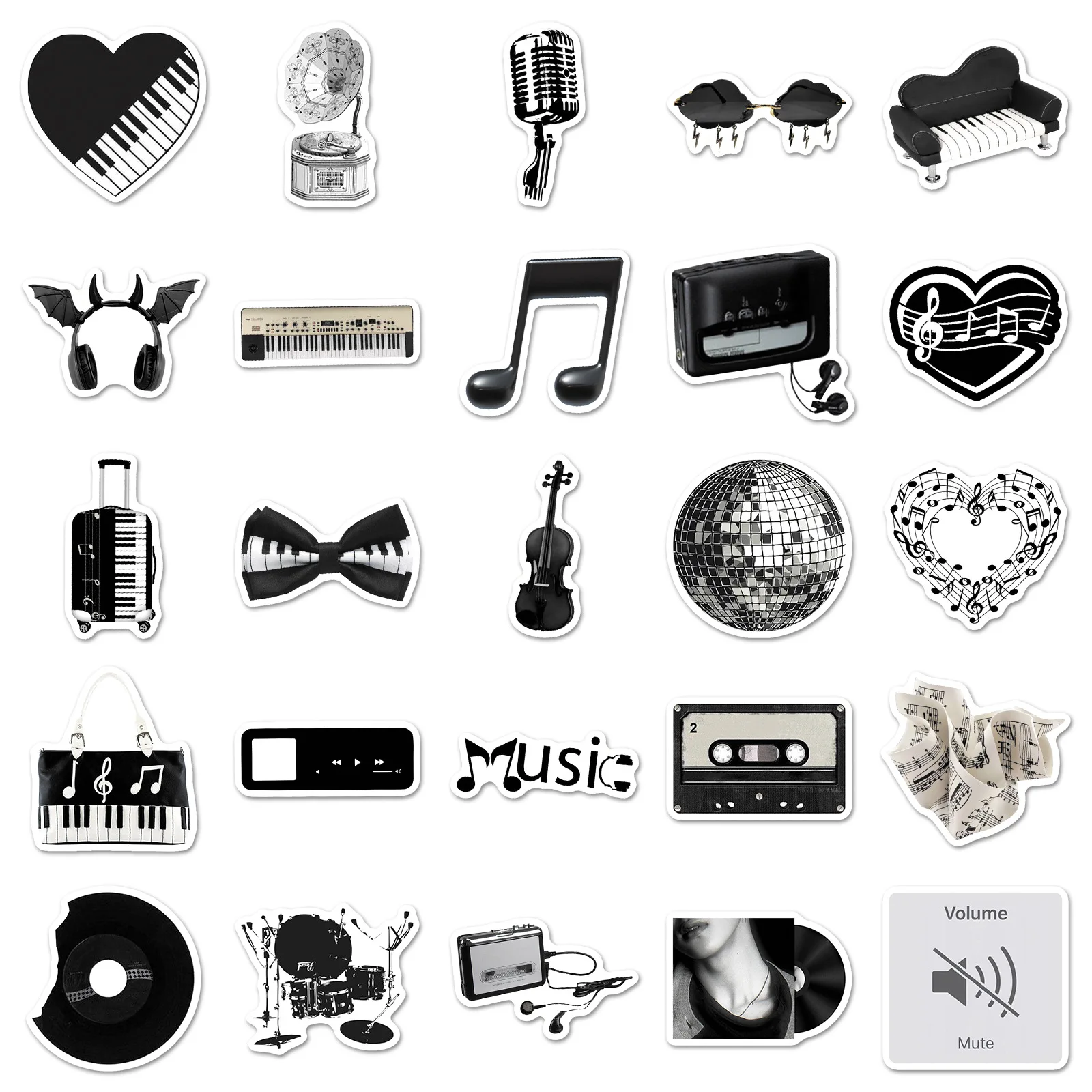 10/30/50 قطعة الموسيقى INS نمط أداة أسود أبيض ملصق DIY بها بنفسك الهاتف المحمول الأمتعة سكيت الكتابة على الجدران الشارات متعة للطفل
