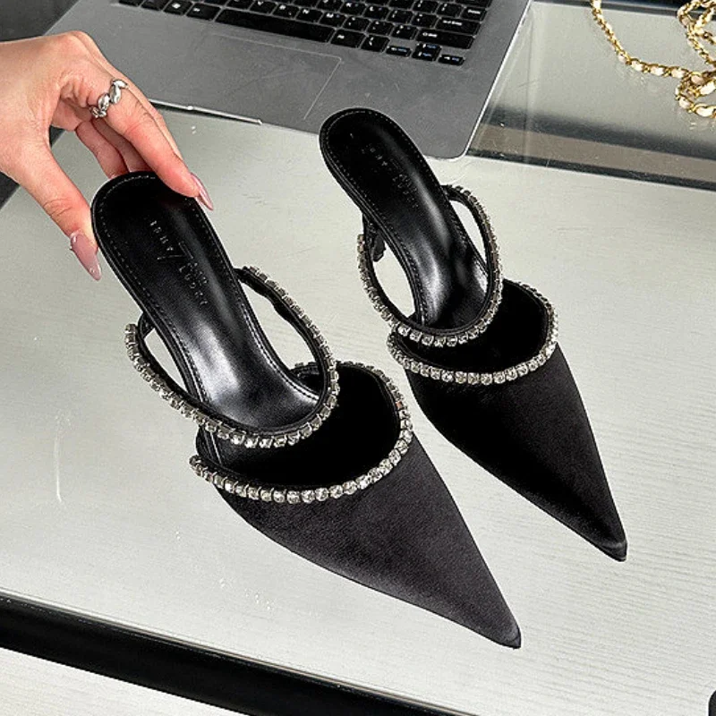 Luxury Rhinestone Designer High Heels Slippers Women Satin Pointed Tou Dress Shoes Summer New Fashion Slingback Sandals Women
