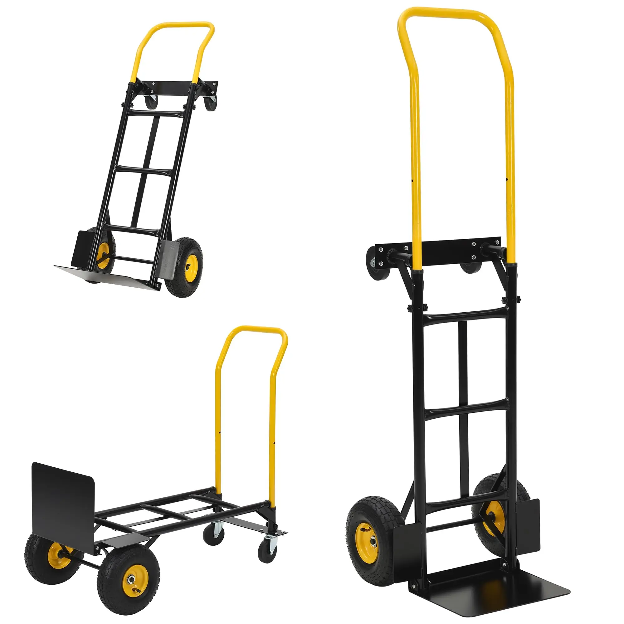 Carretilla de mano convertible 2 en 1, carrito de plataforma con 4 ruedas sólidas no planas, capacidad de 600 lb, carretilla de mano resistente para equipaje, mudanzas, viajes, compras, uso en la