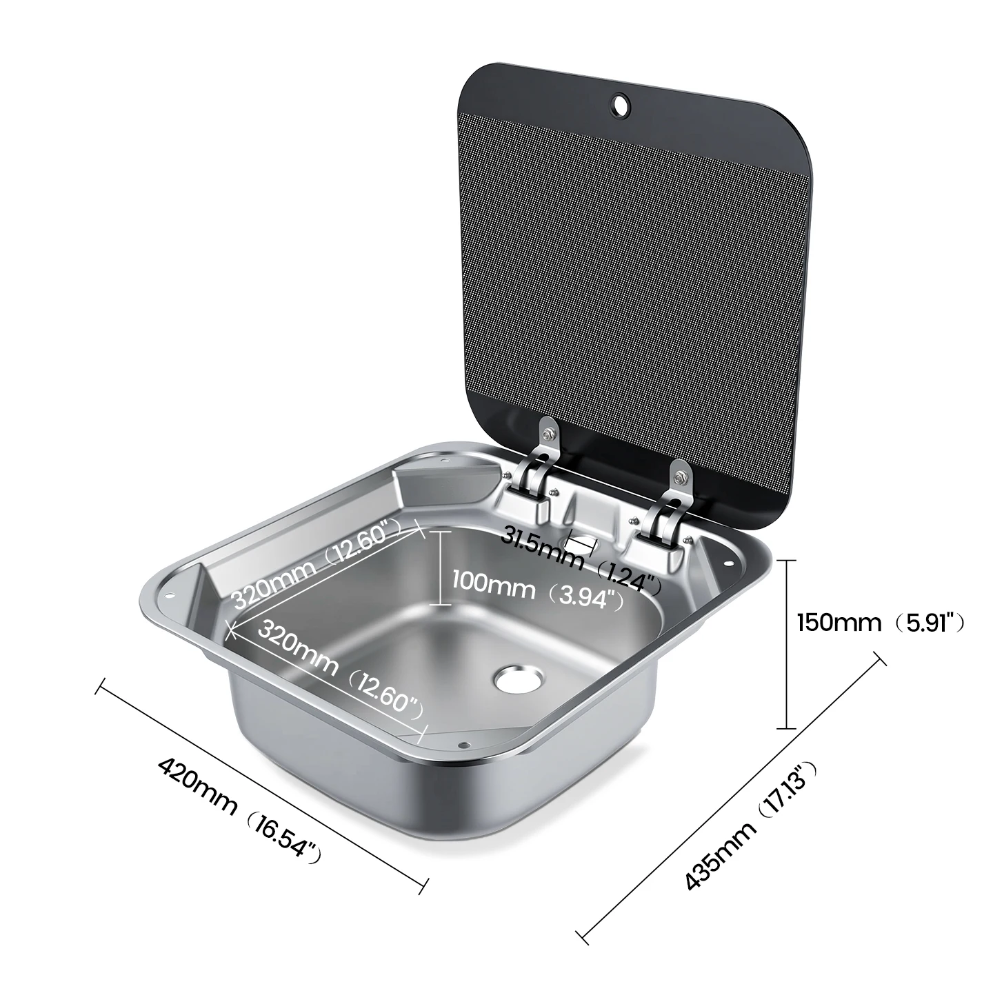 Large RV sink with faucet and folding cover, stainless steel deep basin, suitable for campers, RVs