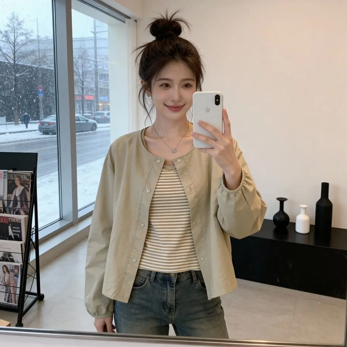 

Spring Casual Long Sve round Ne irt Women's Versatile Artistic Outerwear ort Length Top Coat Korean Sle Slim Fit